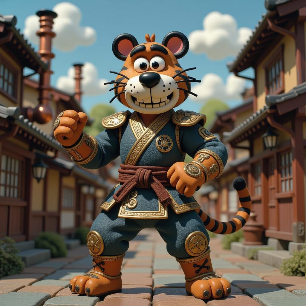 Steampunk Tiger Claymation Character in Japanese Village