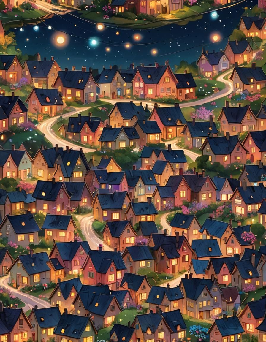 Quaint Village Radiance: Flower Lights from Starry Sky