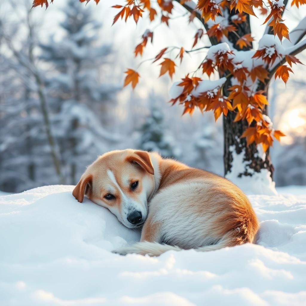Dog Shivering in Snow by Maple Tree