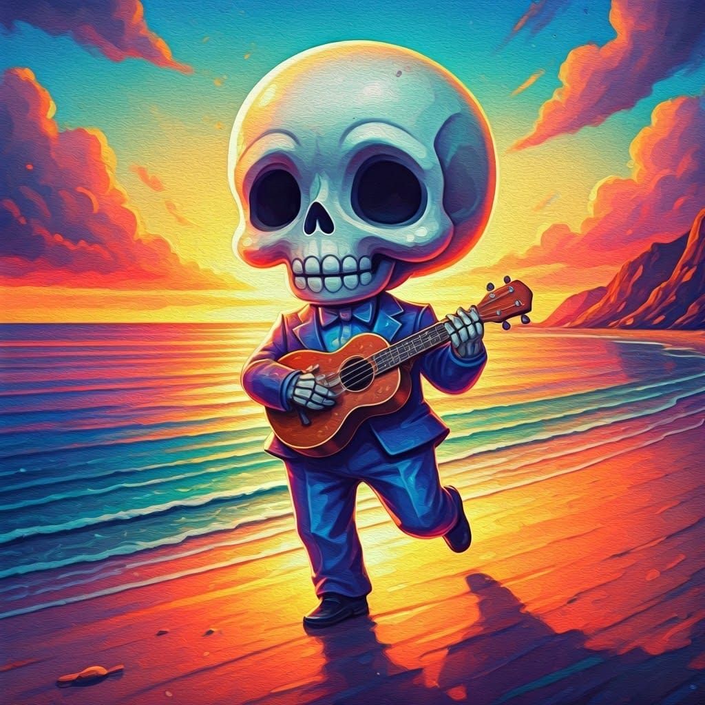 Joyful Skeleton Plays Ukulele on Beach Sunset