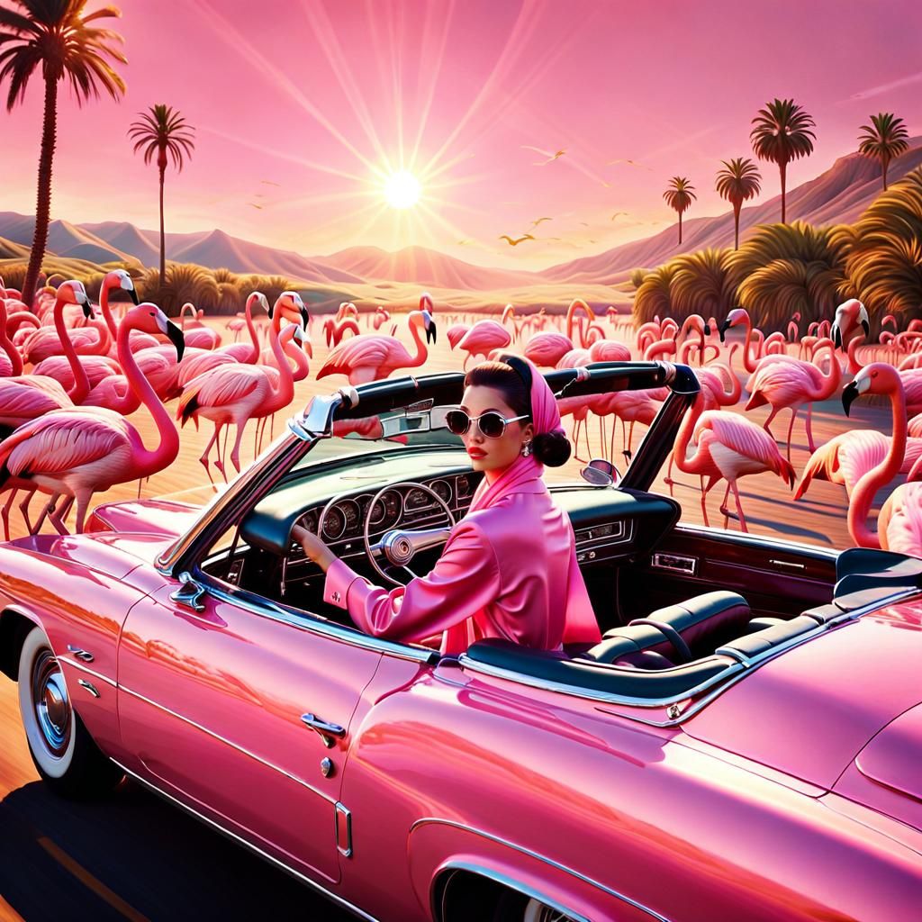 Retro-Futuristic Woman Driving Pink Cadillac