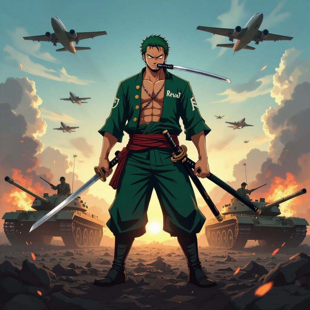 Roronoa Zoro in Chaotic Battle with Military Background