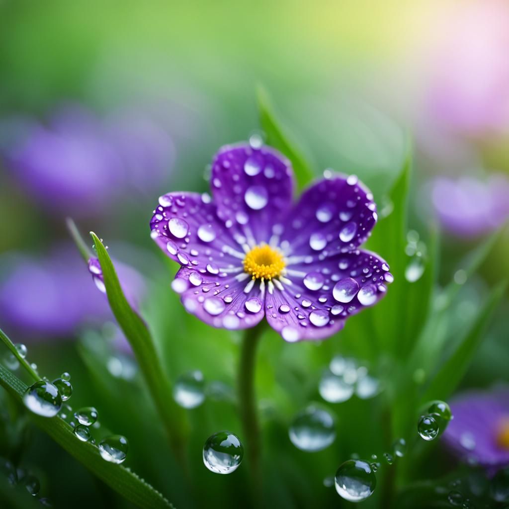 Macro Photograph of Purple Flower with Dewdrops