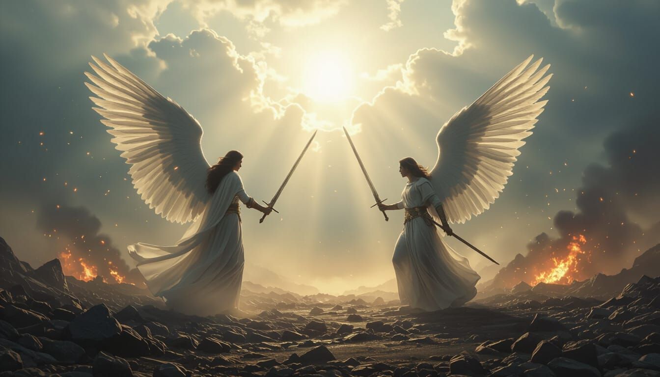 Epic Angelic Battle in Digital Matte Painting Style