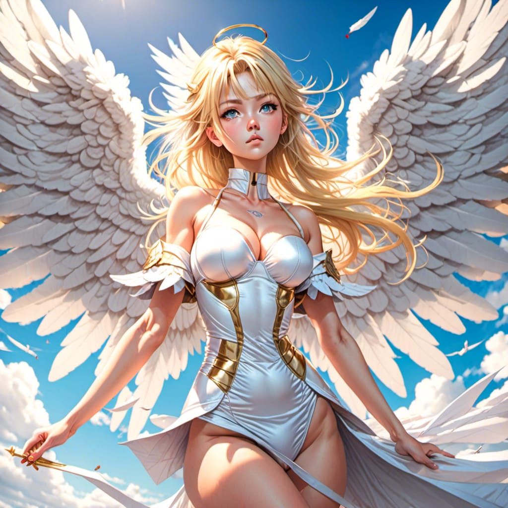 Angelic Blonde Woman Flying in the Sky