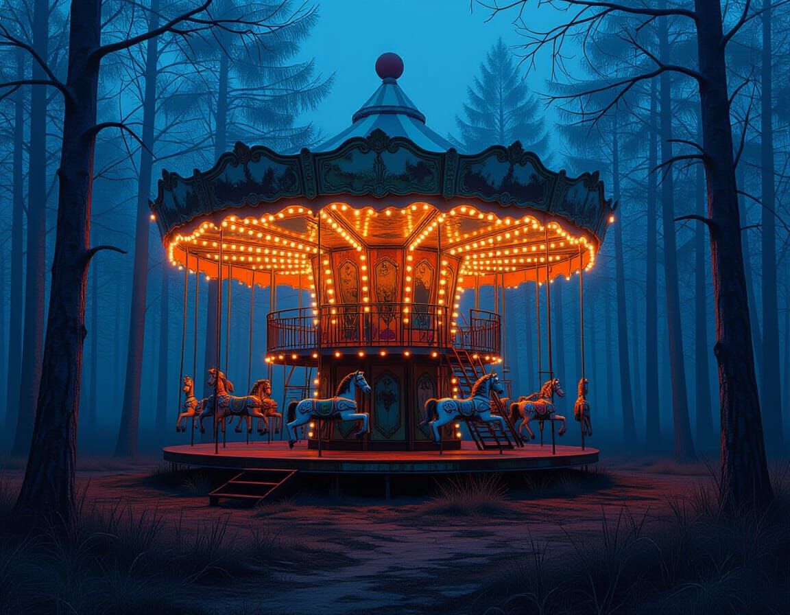 Abandoned Carousel Lights On in Eerie Forest