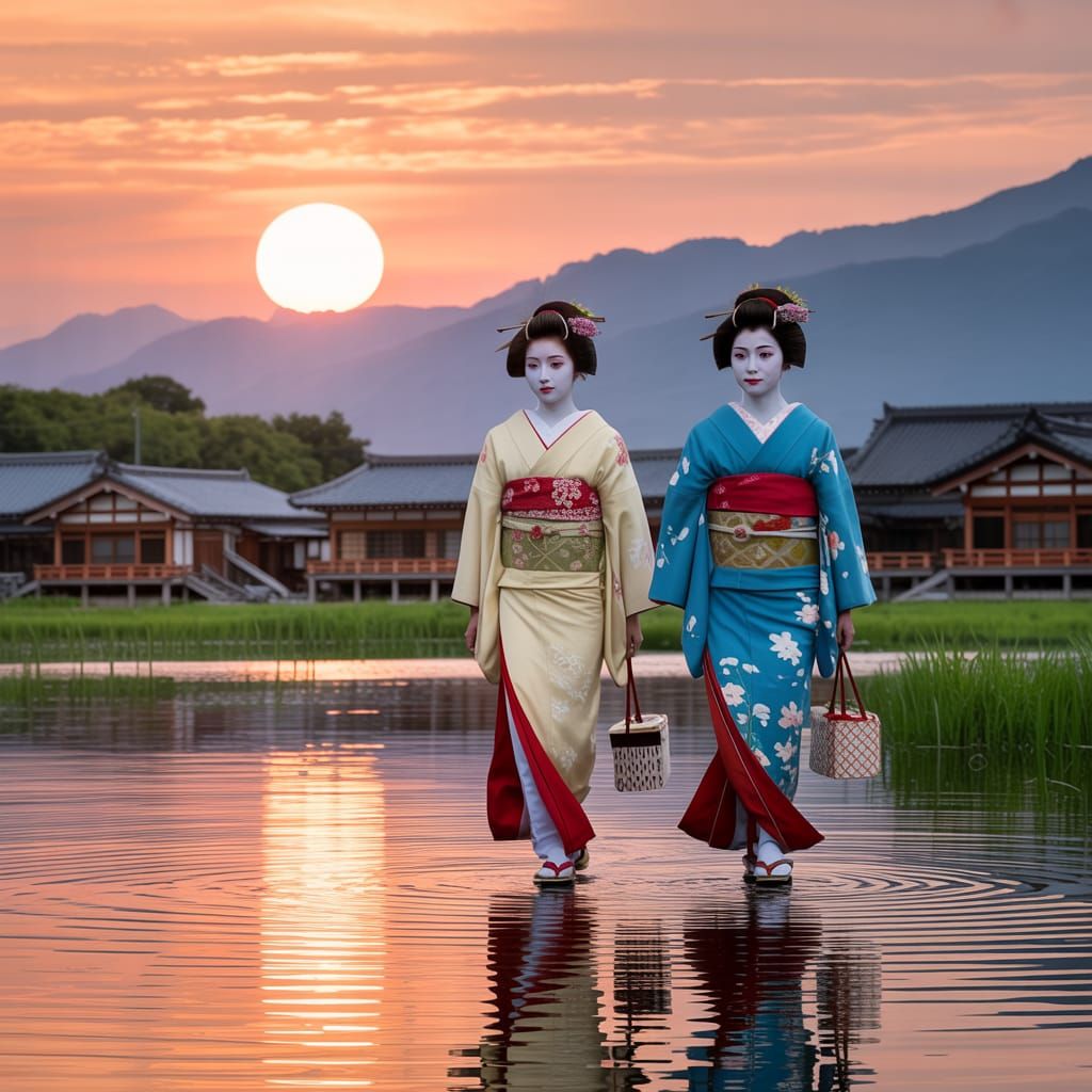 Geishas Walk Towards a Stunning Sunset