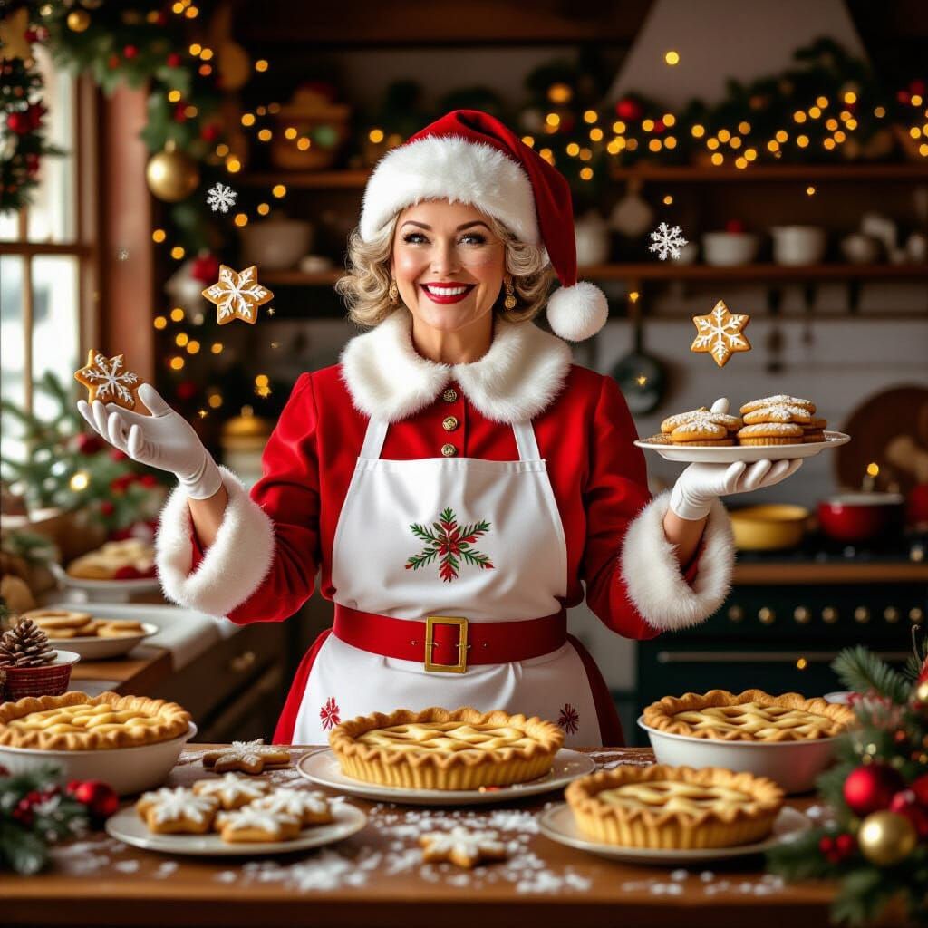 Ms. Santa Claus Prepares Christmas Dinner in a Festive Kitch...