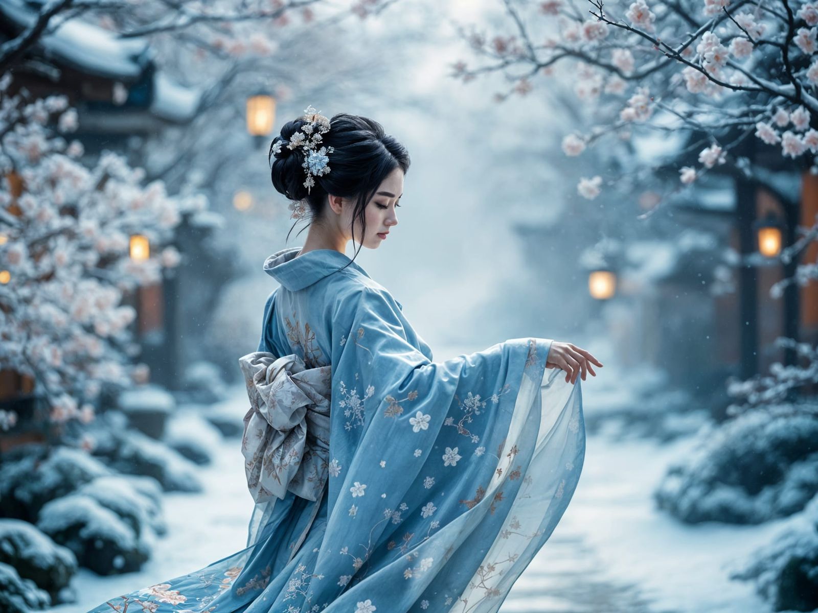 Elegant Geisha in a Snowy Japanese Garden