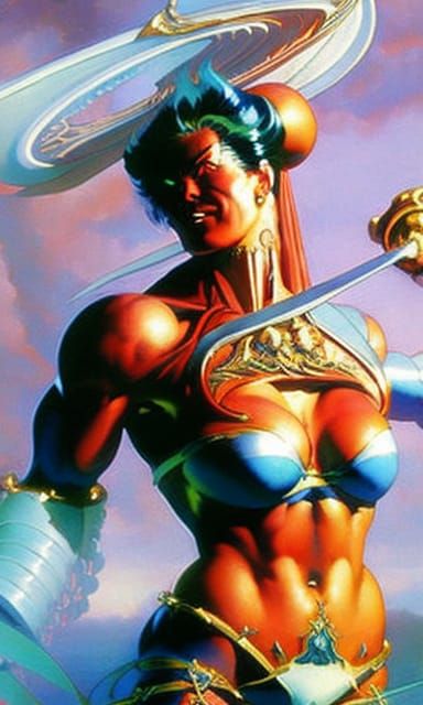 Beautiful female bodybuilder Anna Mikhaylenko as a anime style fighter posing in a white bikini, ripped muscles, smiling...