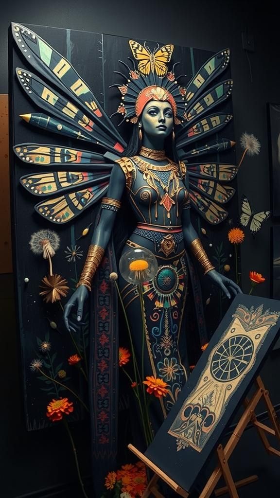 Surreal Childlike Landscape with Aztec Goddess in Cubist Sty...