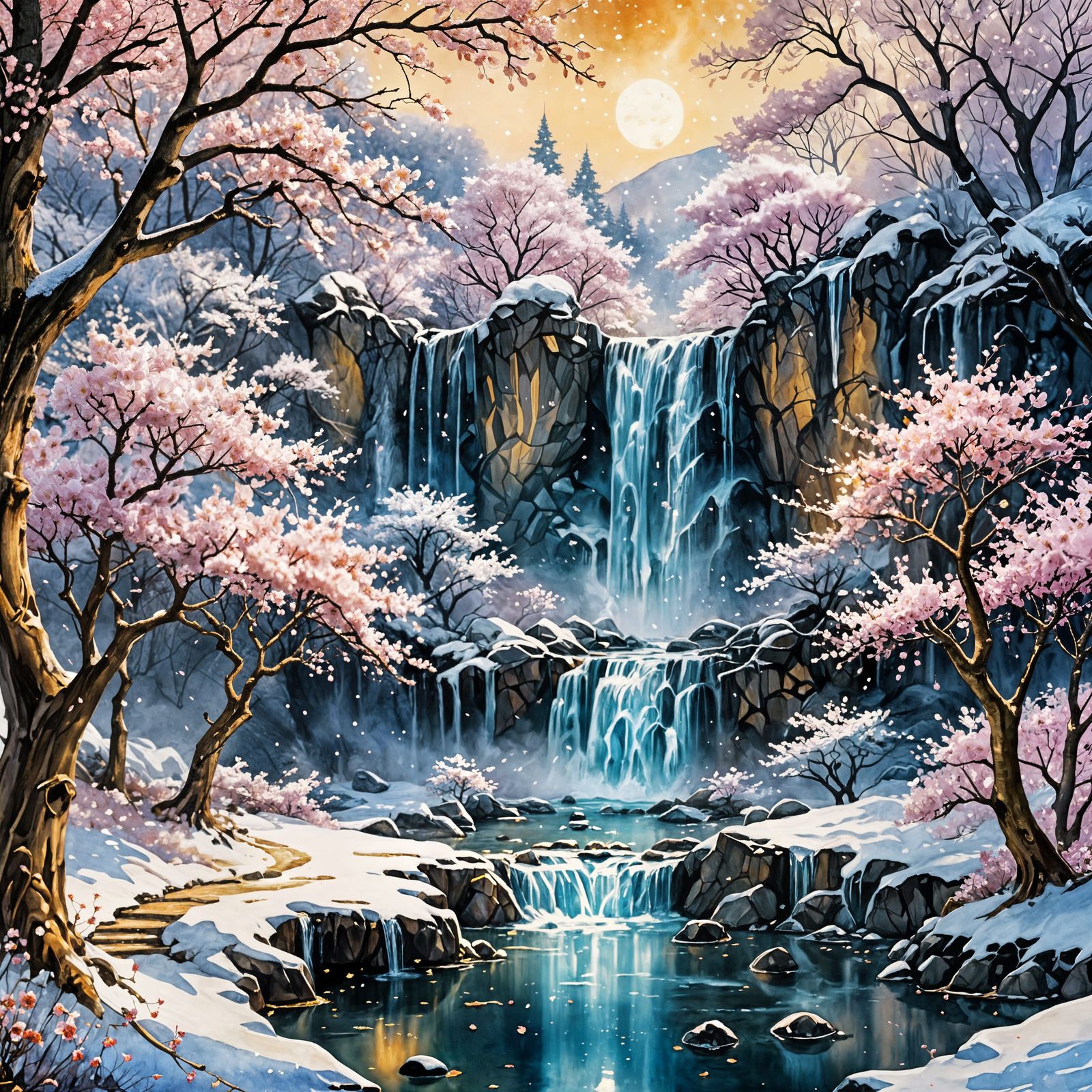 Elven Yard Cherry Trees by Frozen Waterfall