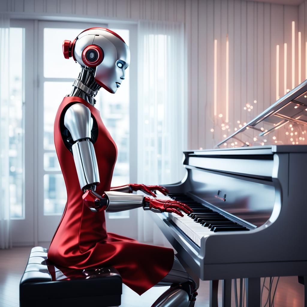 Female Robot Concert Pianist in Photorealistic Style