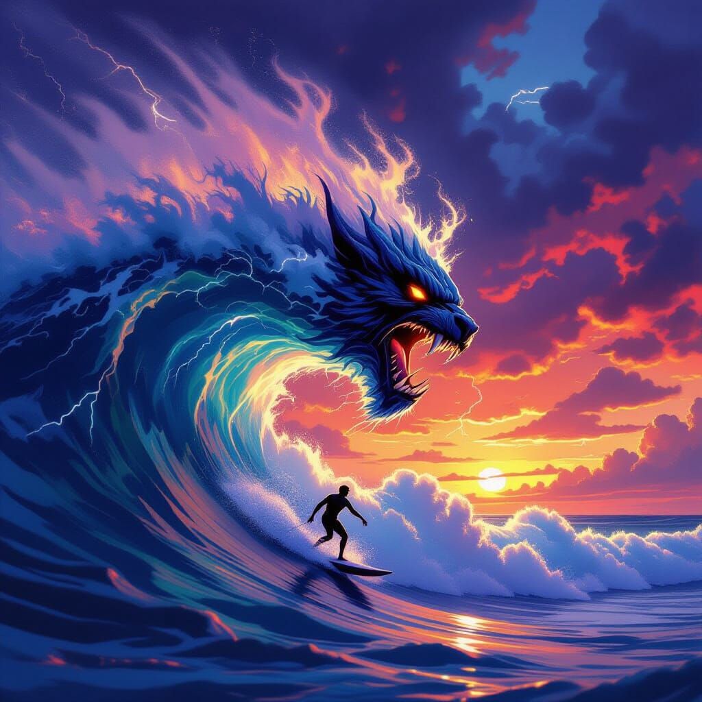 Surfer Challenges Mythical Beast Wave in Epic Fantasy Art