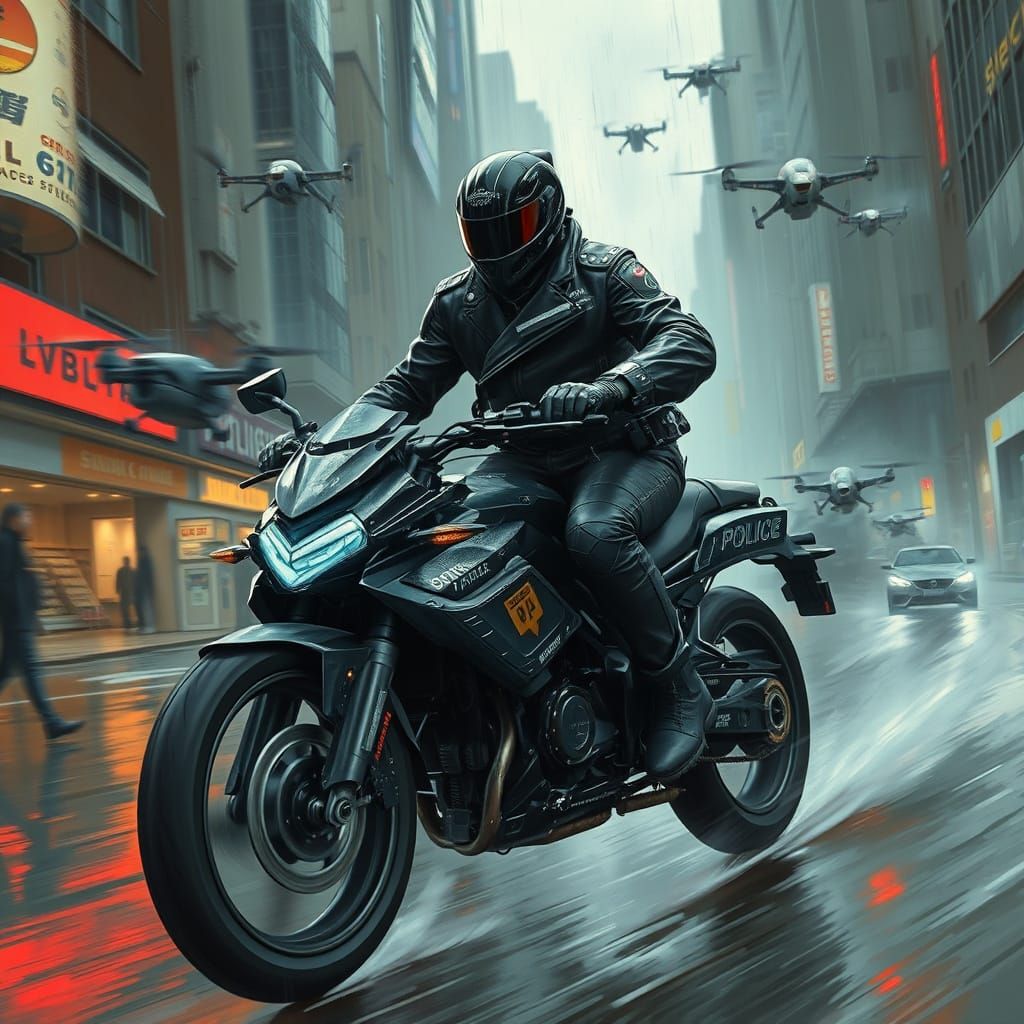 Cyberpunk Officer Pursued in Dystopian Cityscape