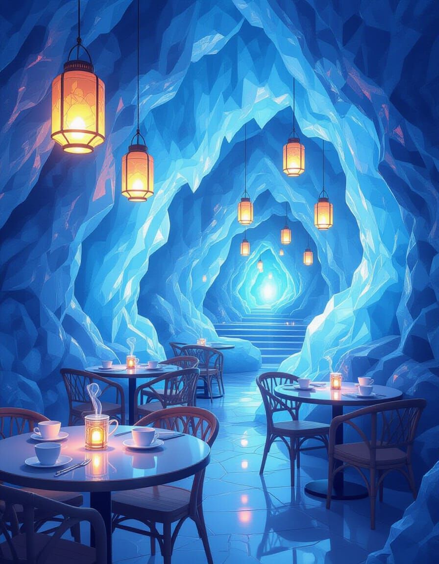 Ethereal Geode Cafe with Floating Lanterns and Self-Pouring ...