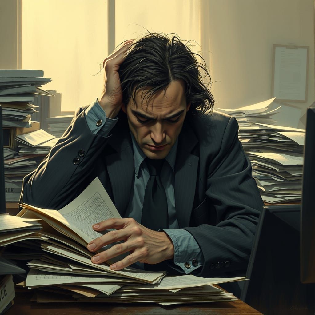 Office Worker Trapped in a Sea of Paperwork, Lost in a Melan...