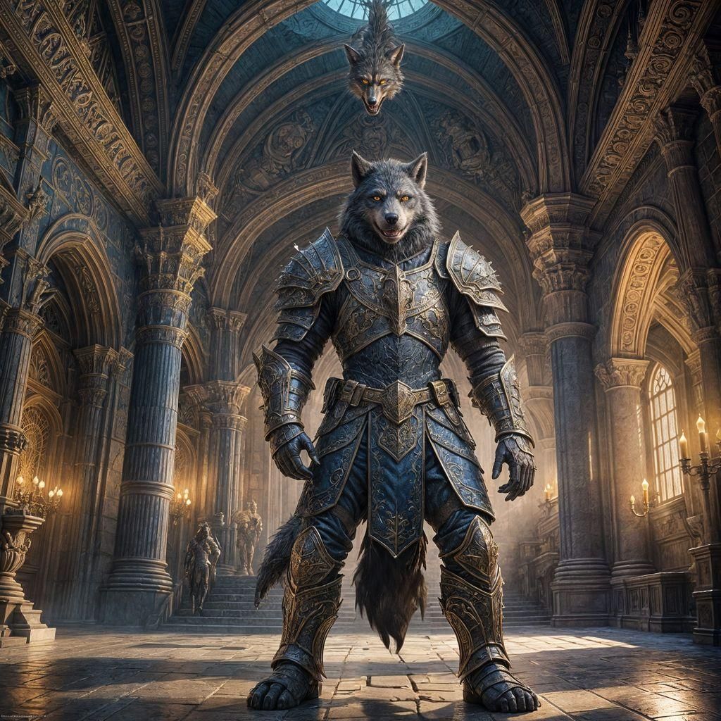 Armored Werewolf Guarding a Fantasy Castle