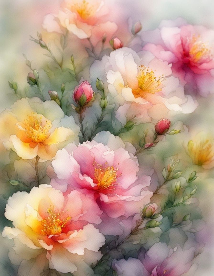 Ethereal Portulacas in Soft Watercolour and Ink