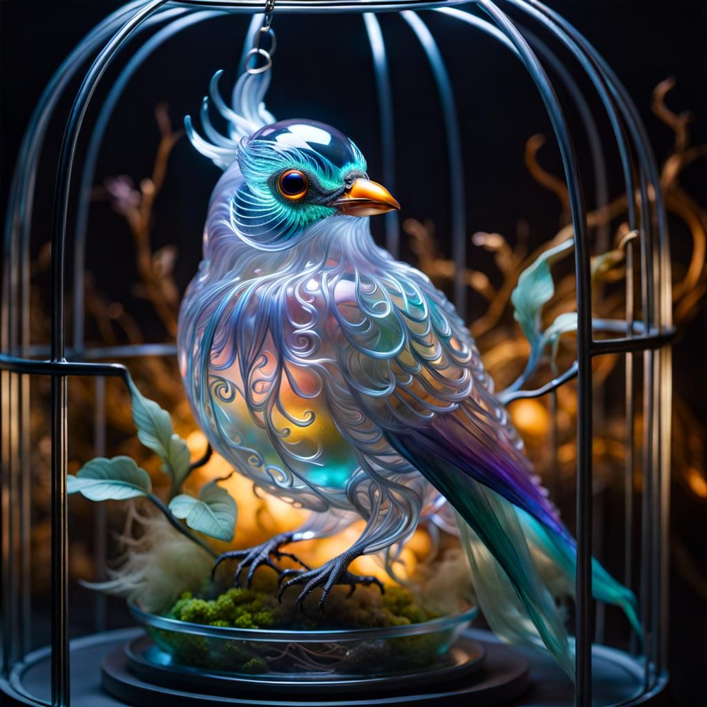 Illuminated Glass Ghost Bird in Crystal Cage