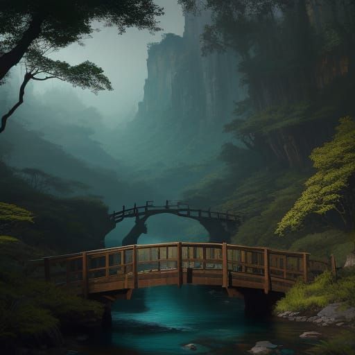 Ancient Wooden Bridge Over Wadi in Epic Fantasy Landscape