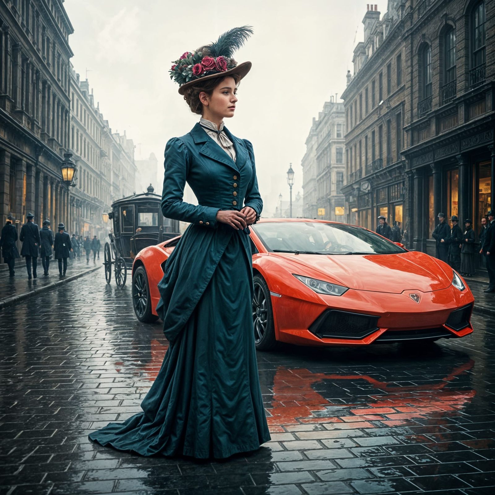 Victorian Woman with Lamborghini, Impressionist Style