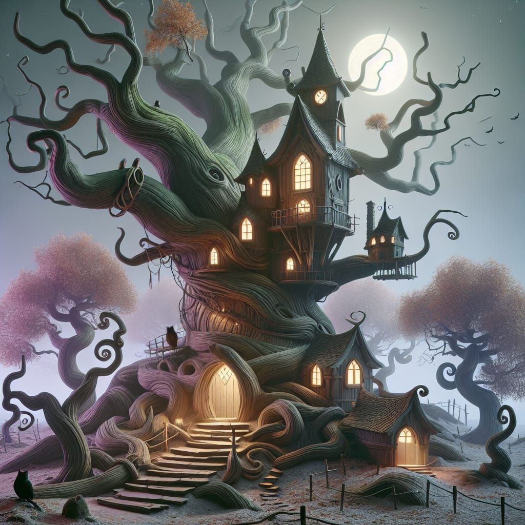 Whimsical and Eerie Forest House Under Moonlight