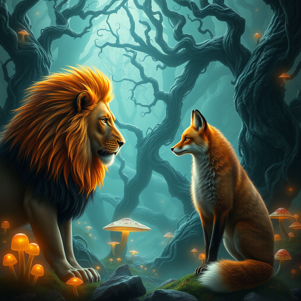 Lion and Fox in Mystical Forest Conversation