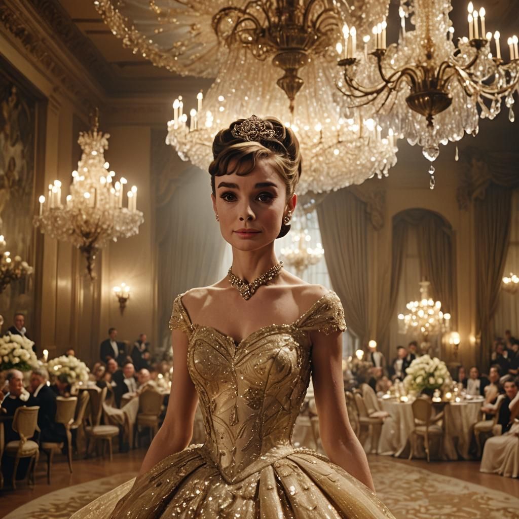 Audrey Hepburn as Belle in Gold Gown, 1950s Style