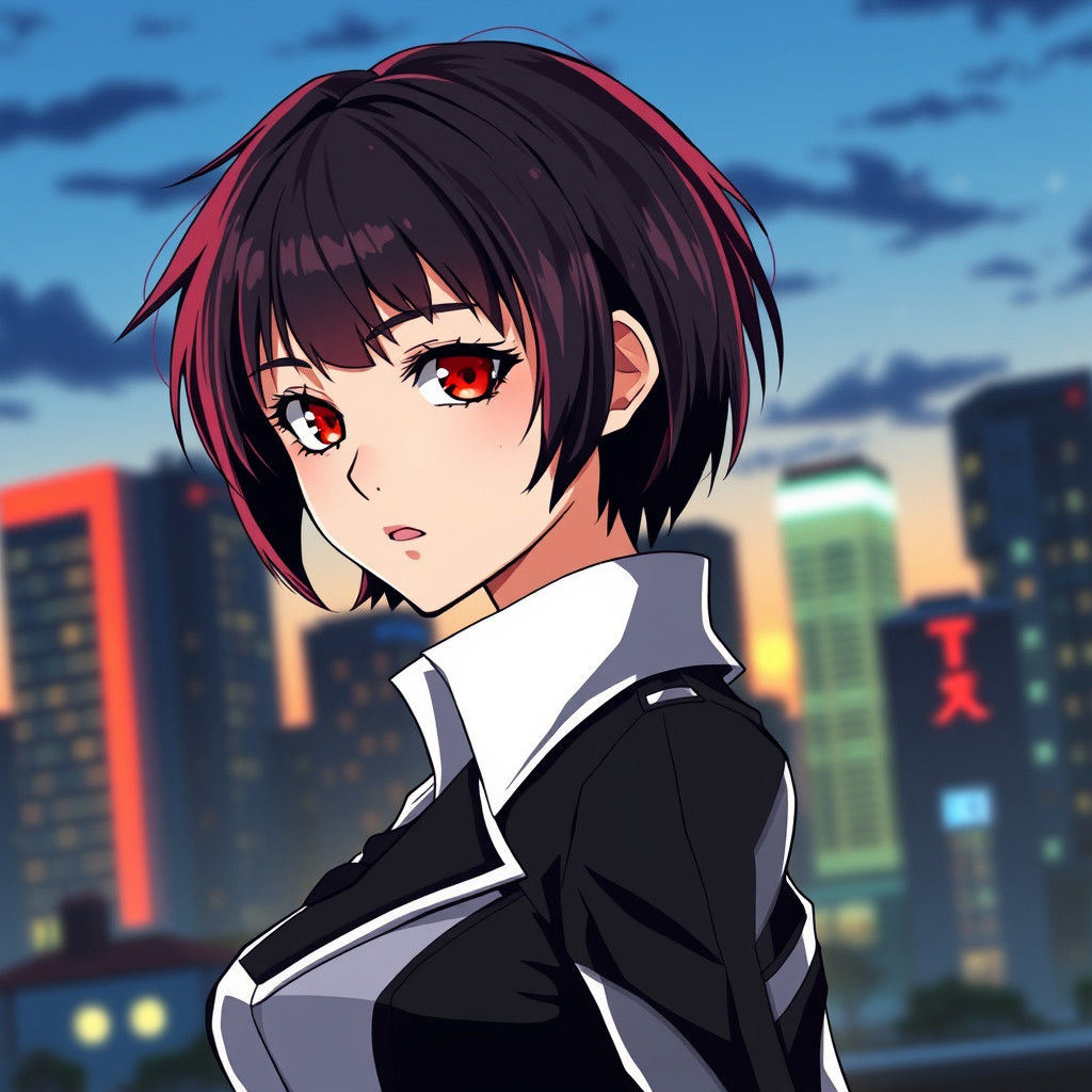 Anime Woman with Red Eyes in Cityscape