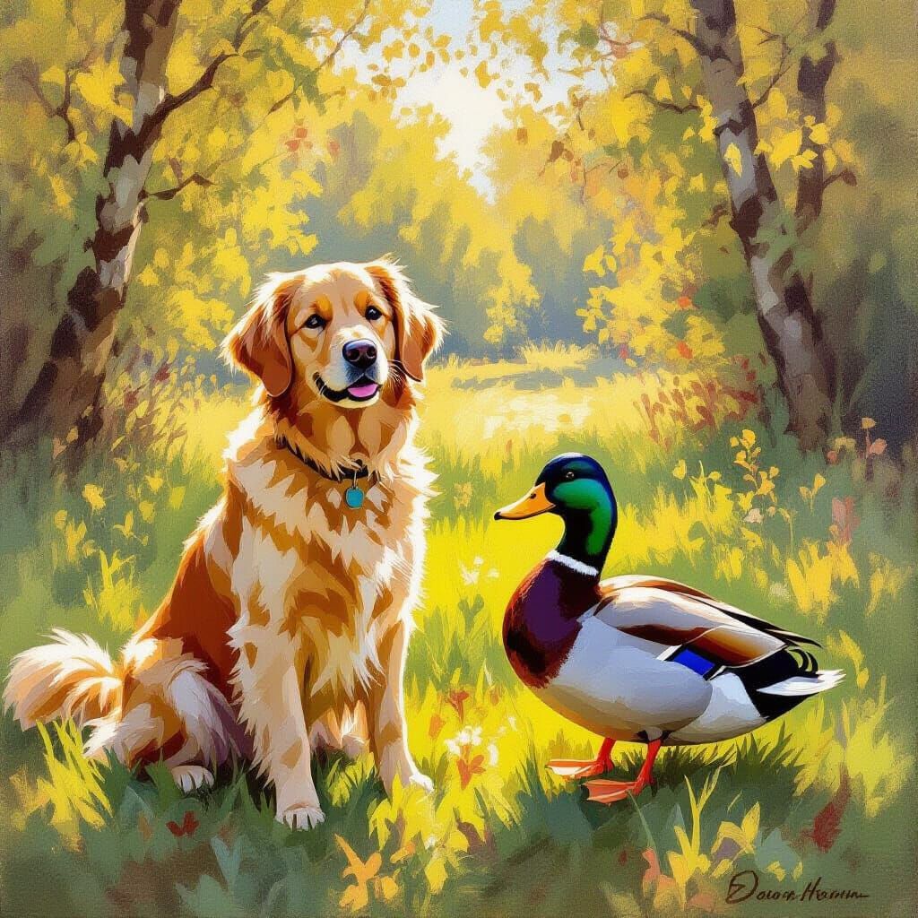 Golden Retriever and Mallard Duck in Sunlit Meadow