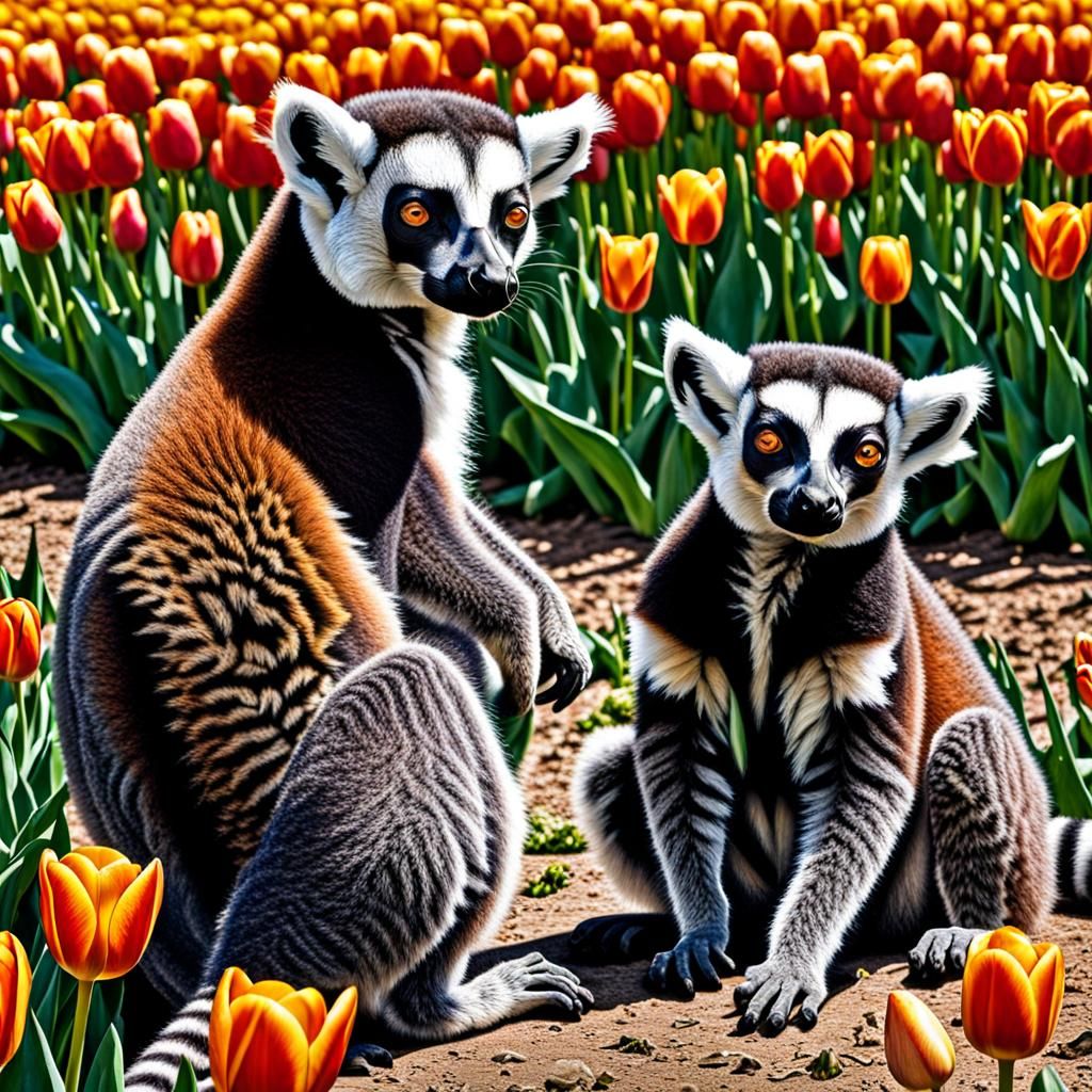 Ring Tail Lemurs Bask in Vibrant Tulip Fields