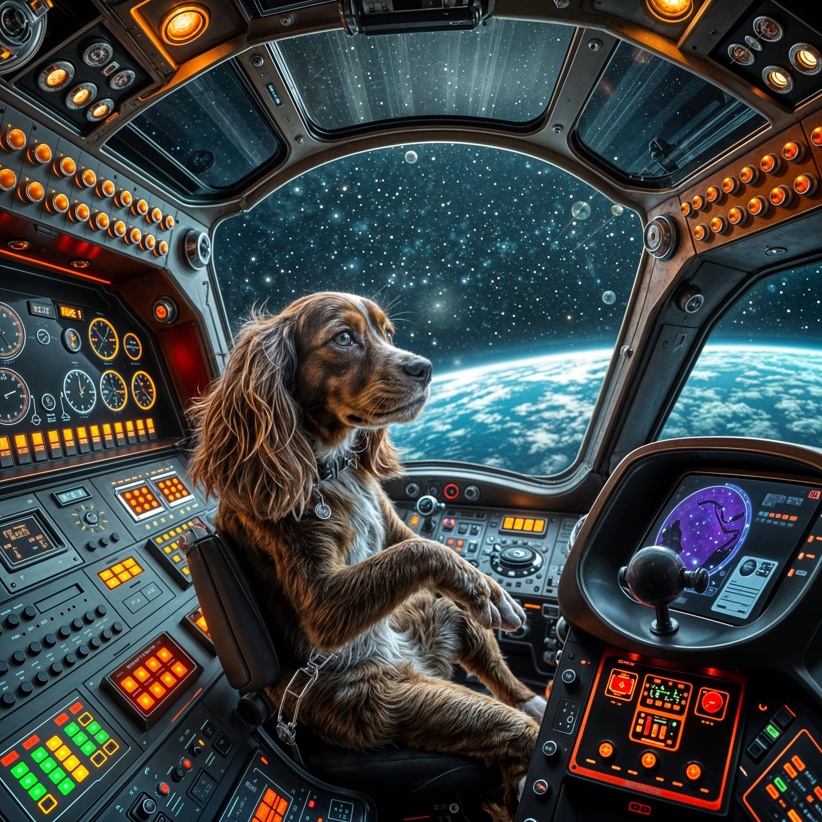 Cavalier King Charles Spaniel Piloting Steampunk Spaceship