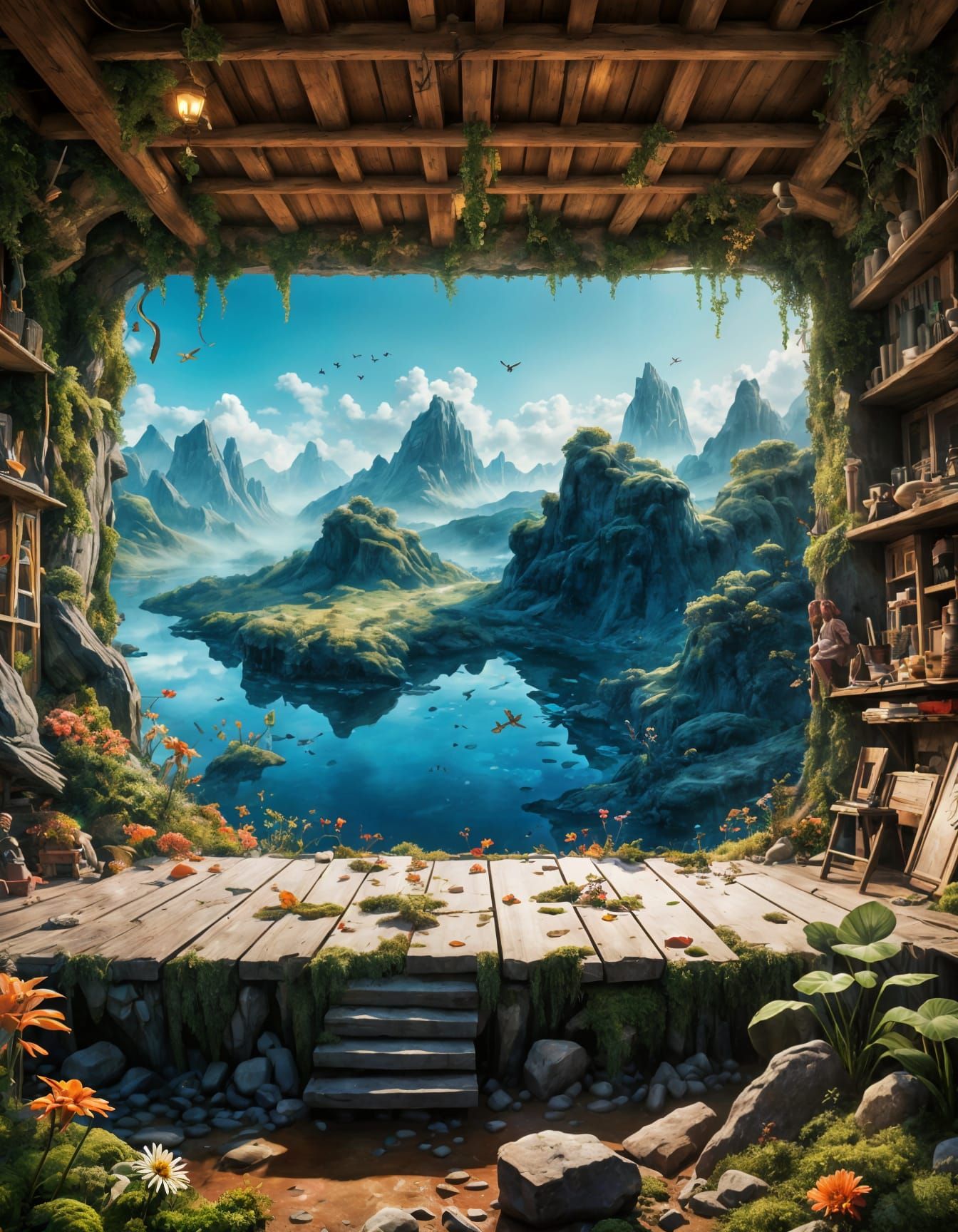 Enchanted Forest Scene with Exotic Animals and Cottages