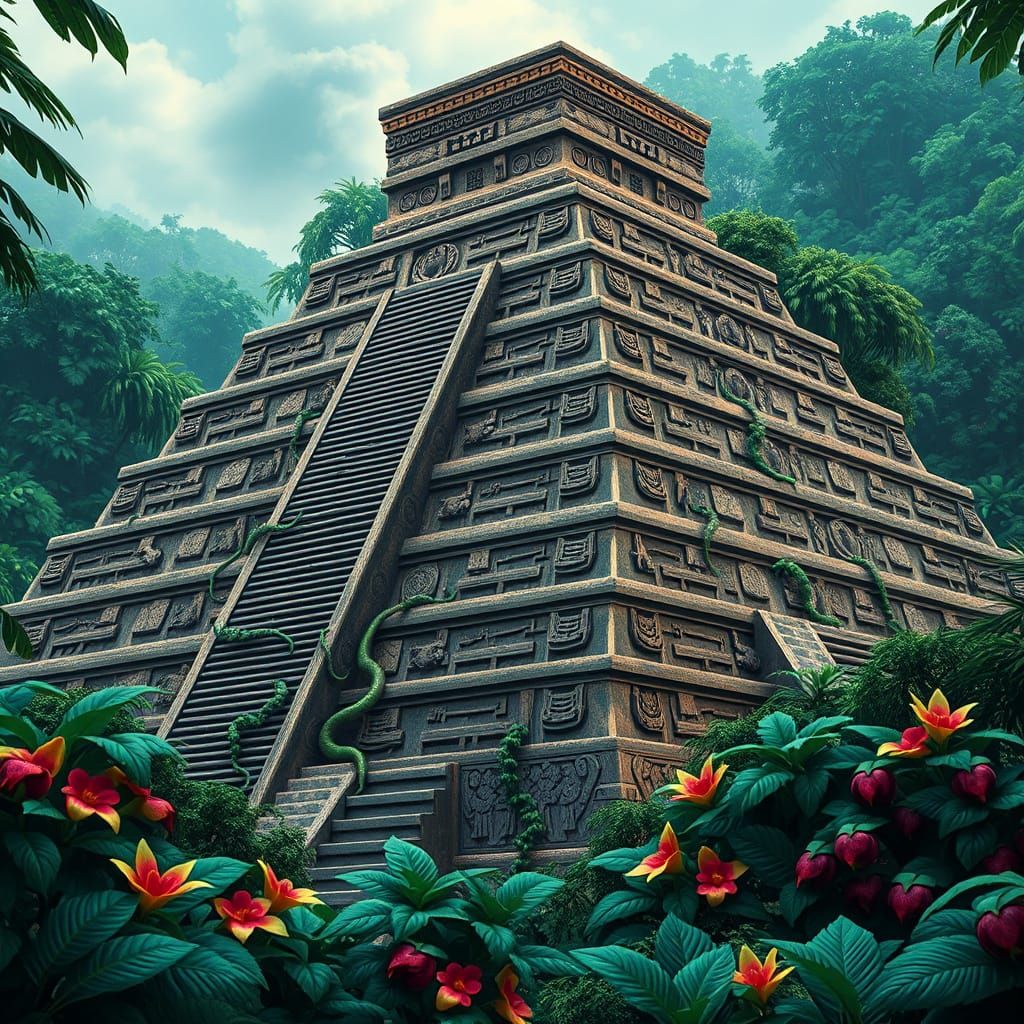 Ancient Aztec Pyramid Emerges from Emerald Jungle in Vibrant...