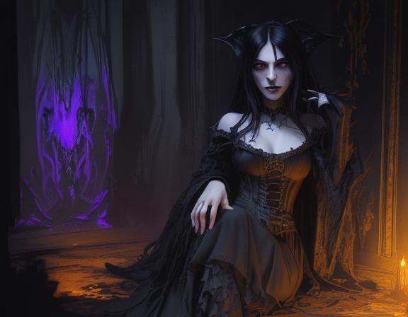A black night sorcerer with demonic eyes. She has long black hair, wearing blood-soaked gothic dress sitting in blacked ...