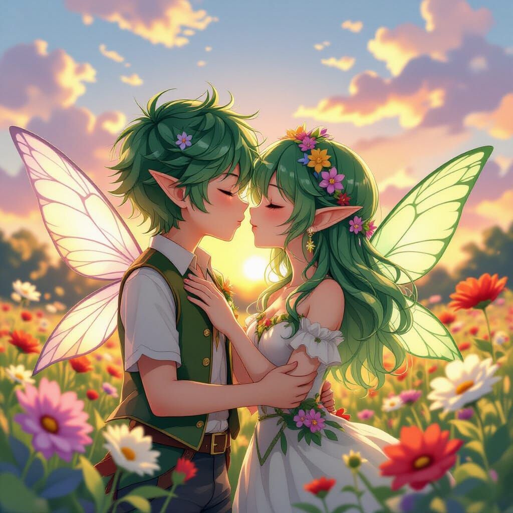Green-Haired Fairies Kiss in Anime Style
