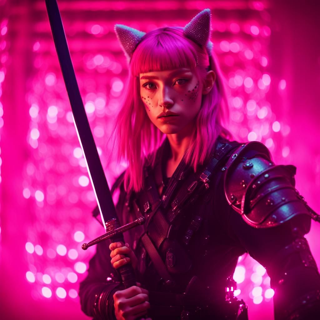 Pink-Haired Cat-Eared Warrior with Katana
