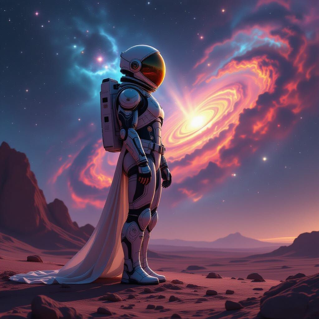 Muscular Astronaut with Celestial Body Art on Alien Planet