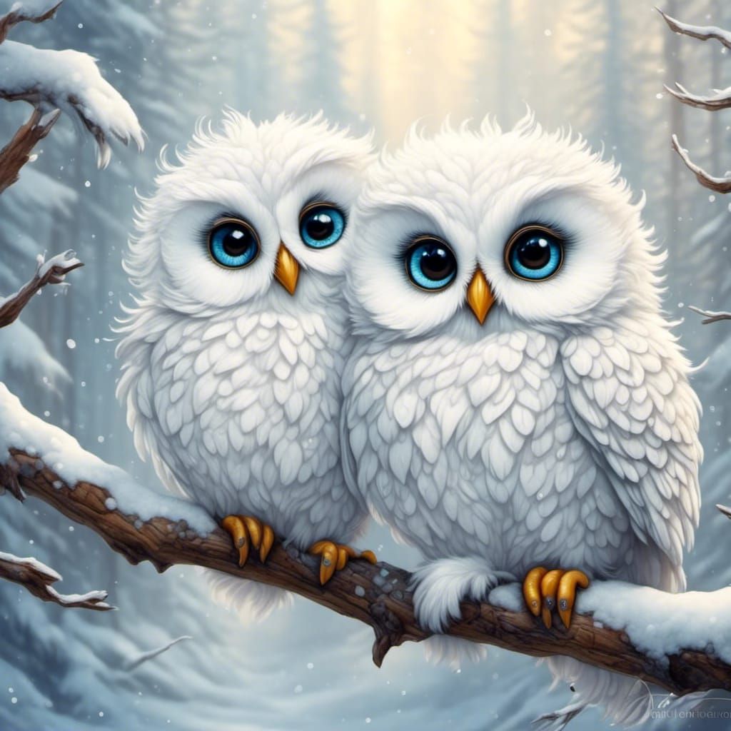 Cute White Fluffy Owls on Branch
