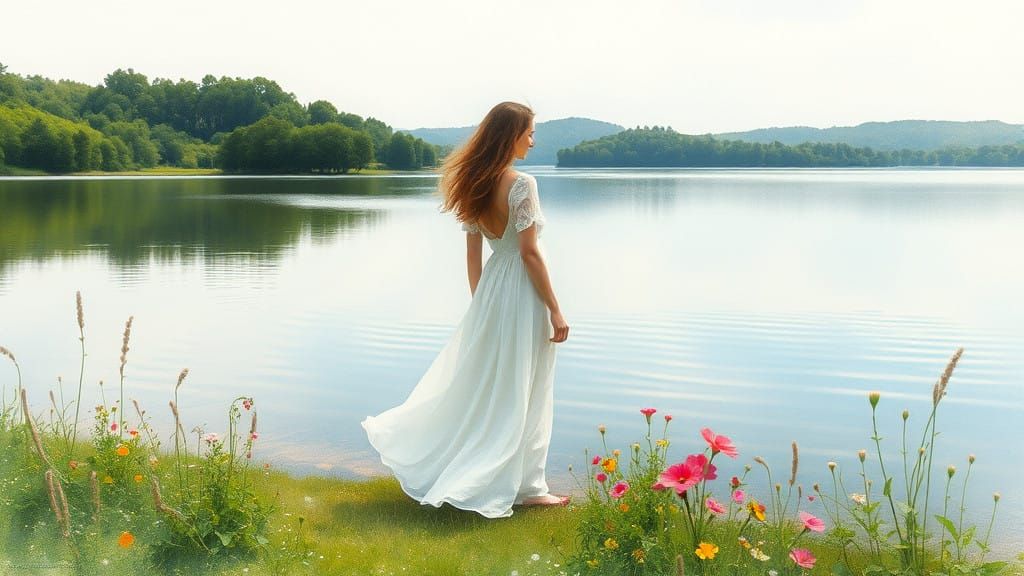 Dreamy Watercolour Scene of a Serene Woman by a Tranquil Lak...