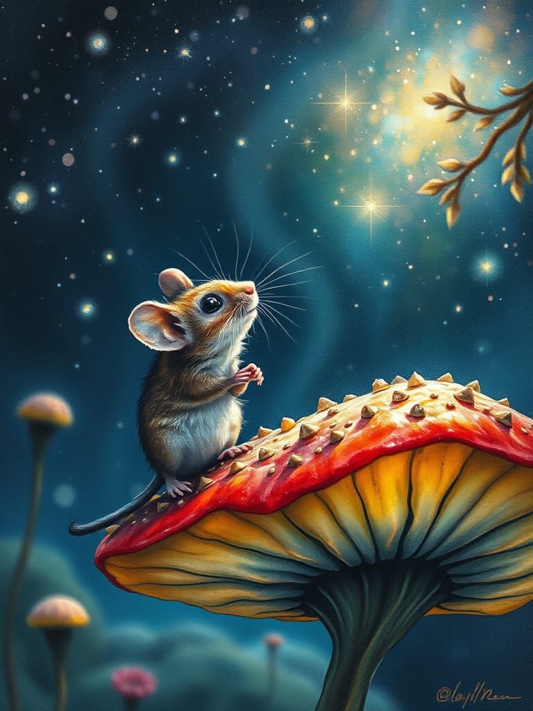 Whimsical Mouse Contemplates Celestial Wonders in Vibrant Di...