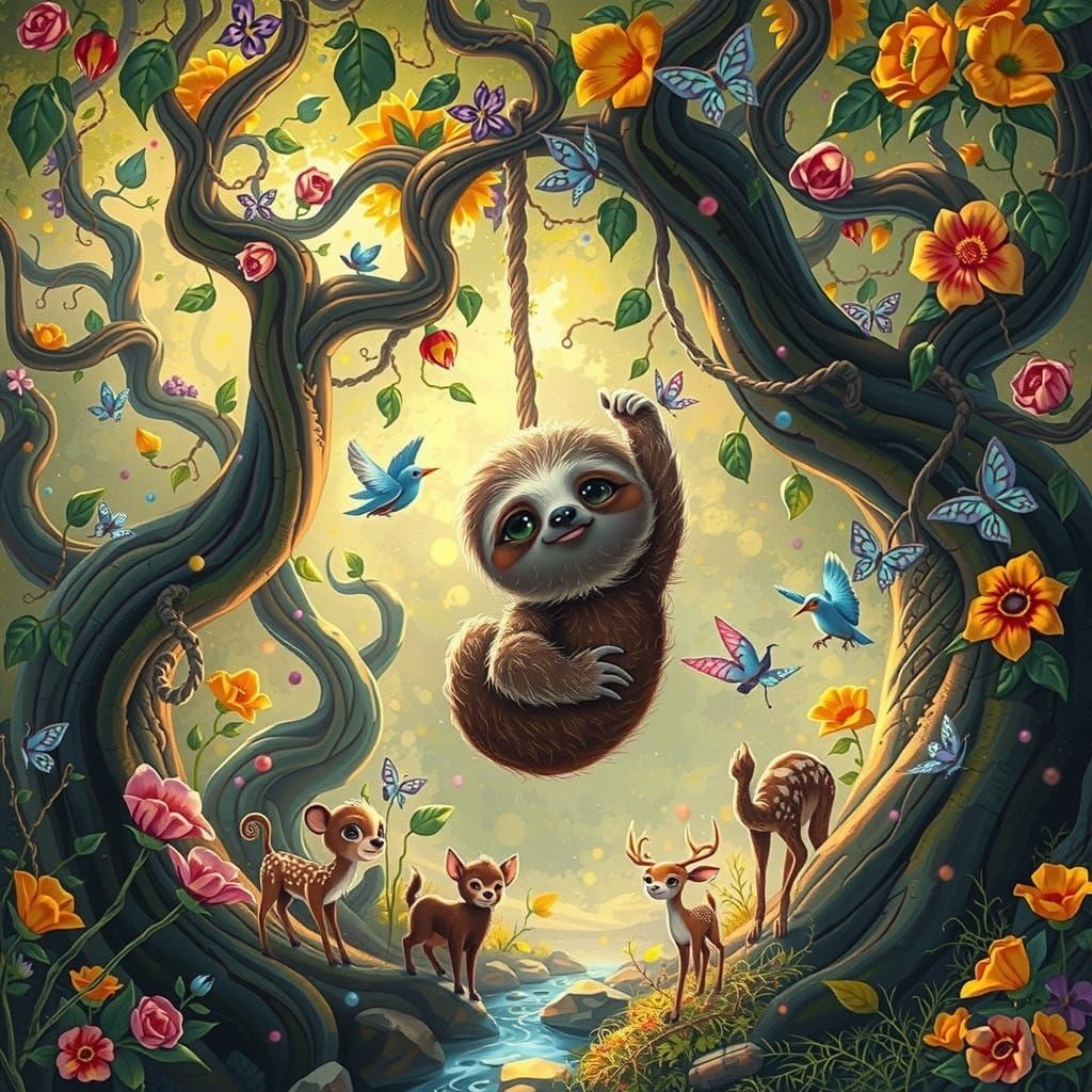 Enchanted Whimsical Forest with Baby Sloth and Fantastical C...