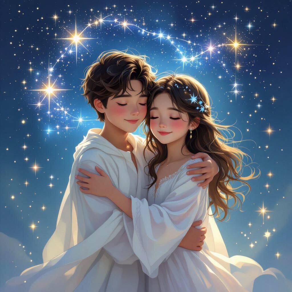 Gemini Siblings Embrace Under Ethereal Constellation