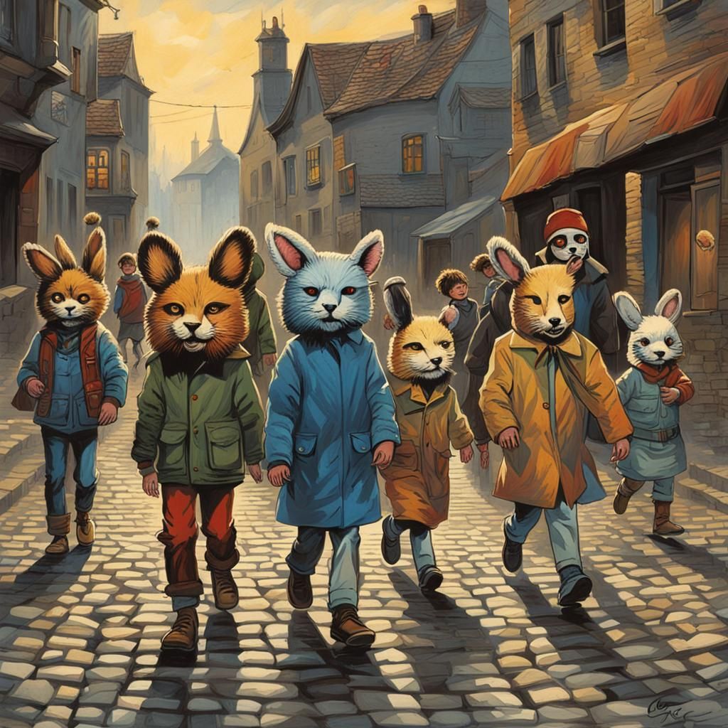 Children in Animal Masks on Cobblestone Street