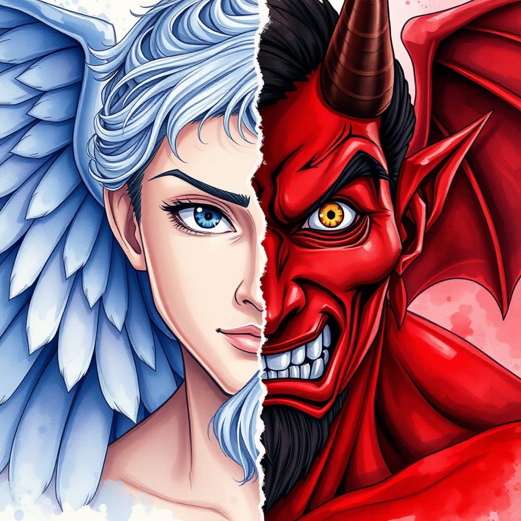 Angel and Devil Split Portrait in Watercolor Style