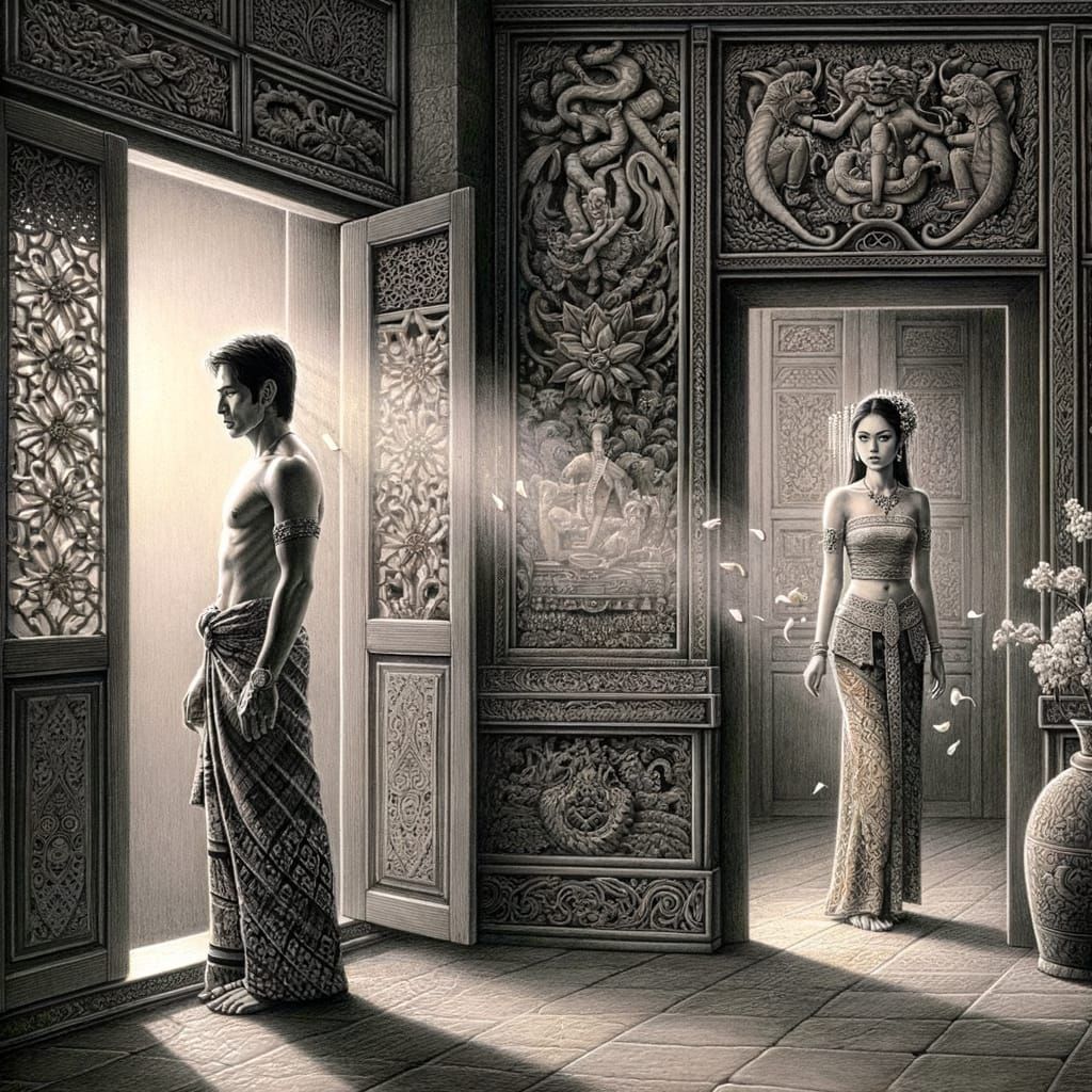 Melancholic Indonesian Parting: Detailed Pencil Sketch