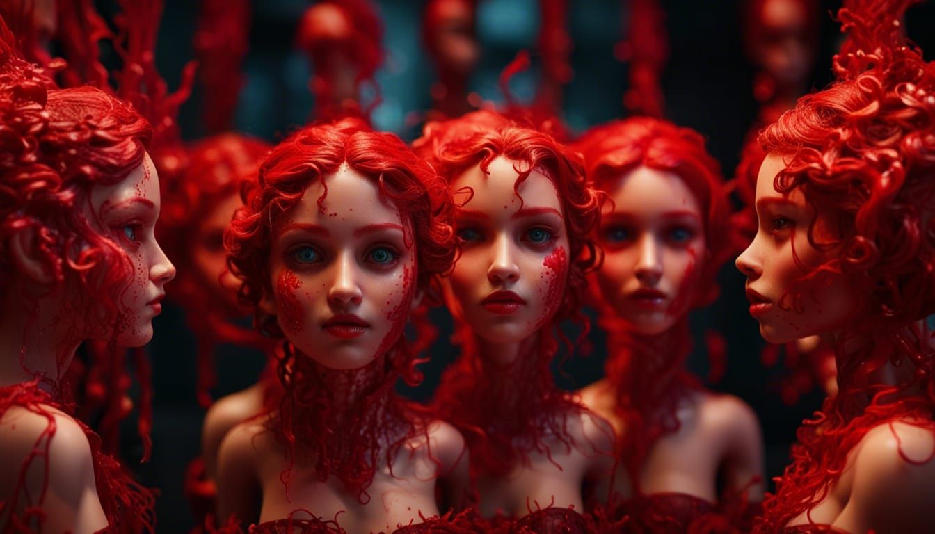 Hyperrealistic Red Wax Doll Heads: Detailed Matte Painting