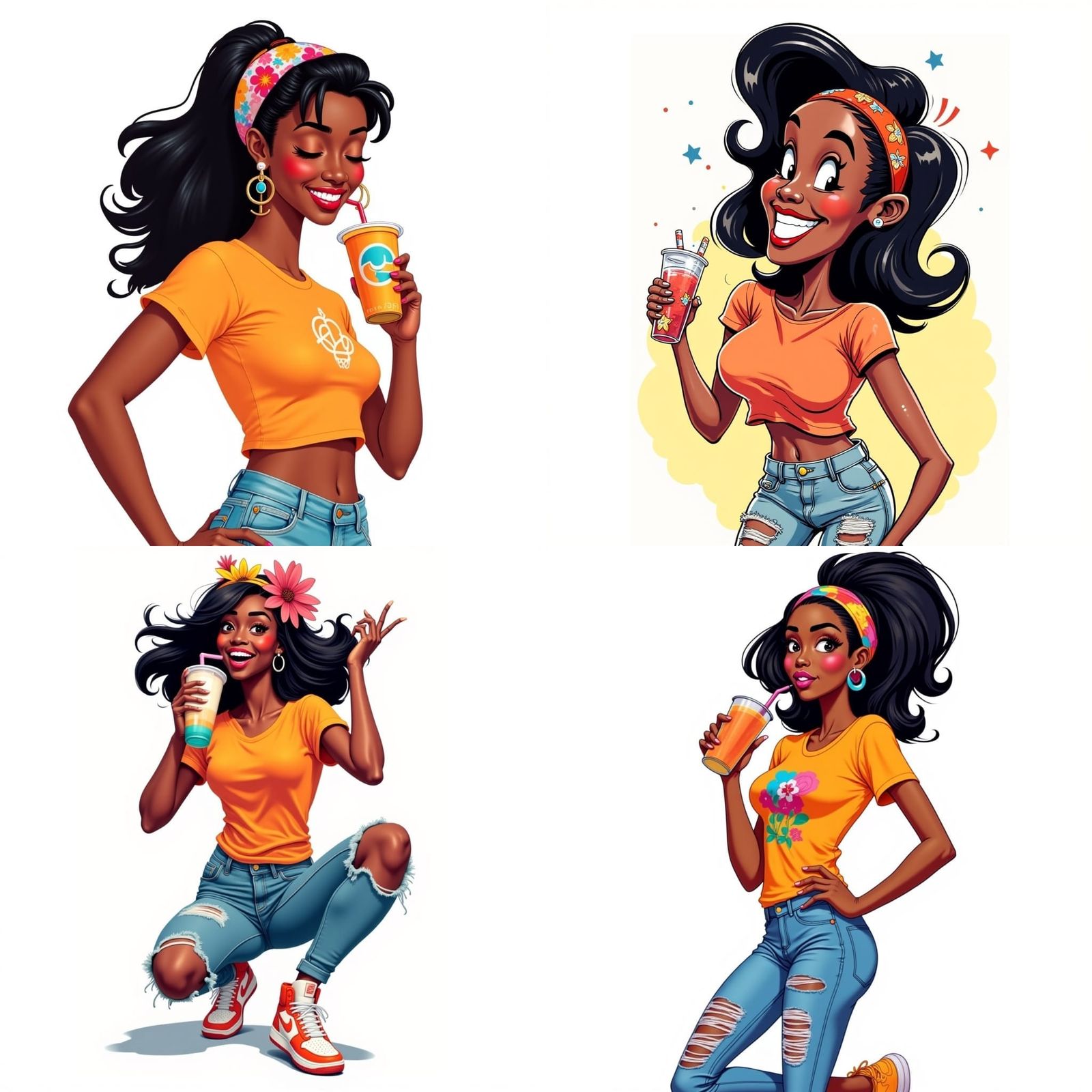 Cartoon Portrait of Woman with Boba Tea