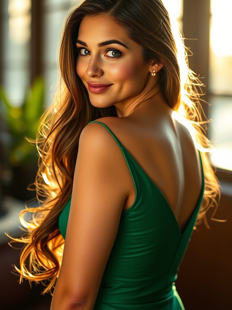 Radiant Woman in Emerald Green Dress